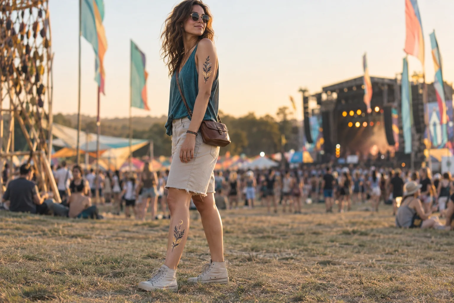 Festivalière portant des tatouages éphémères sur le haut du bras et le mollet