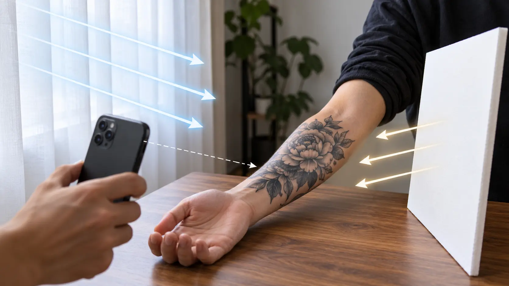 Schéma de lumière diffuse avec fenêtre, bras tatoué, appareil photo et carton blanc
