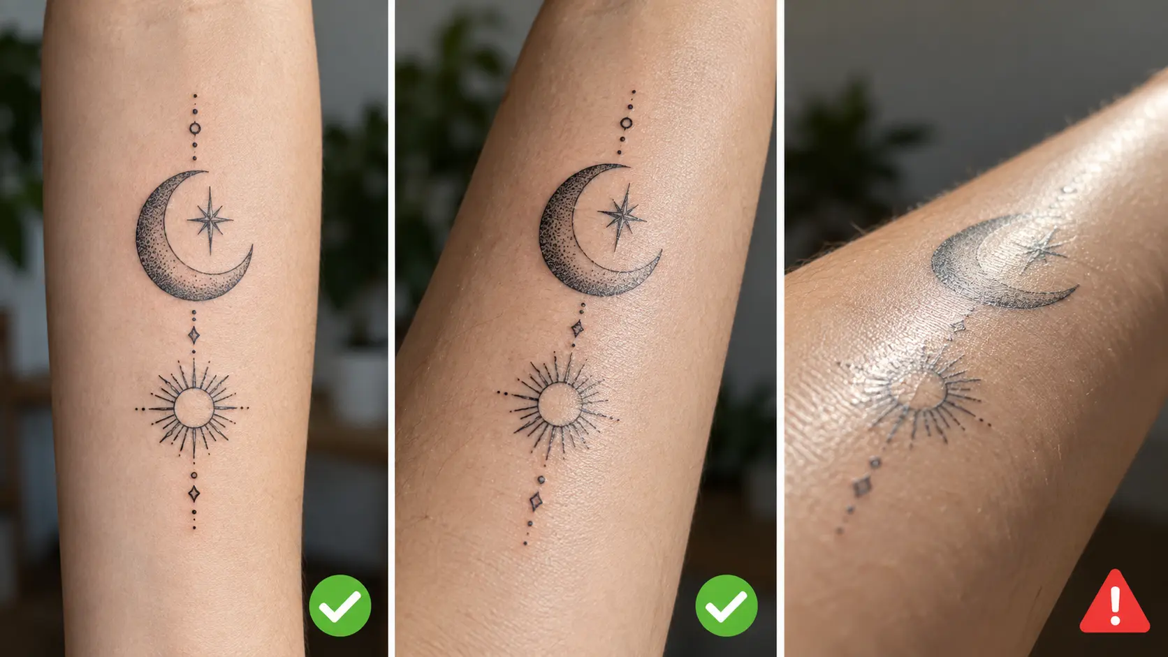 Trois angles de prise de vue du même tatouage temporaire sur un avant-bras