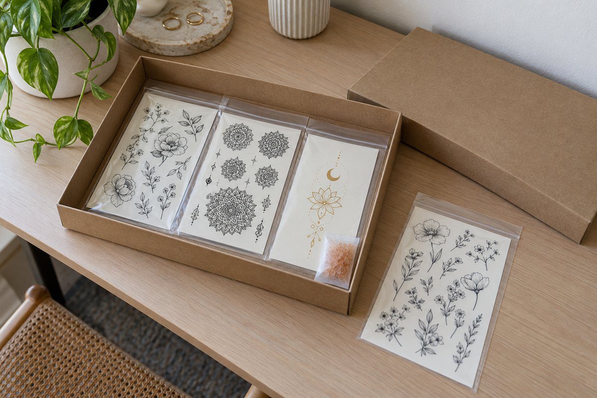 Planches de tatouages éphémères rangées à plat en sachets zip avec gel de silice dans une boîte