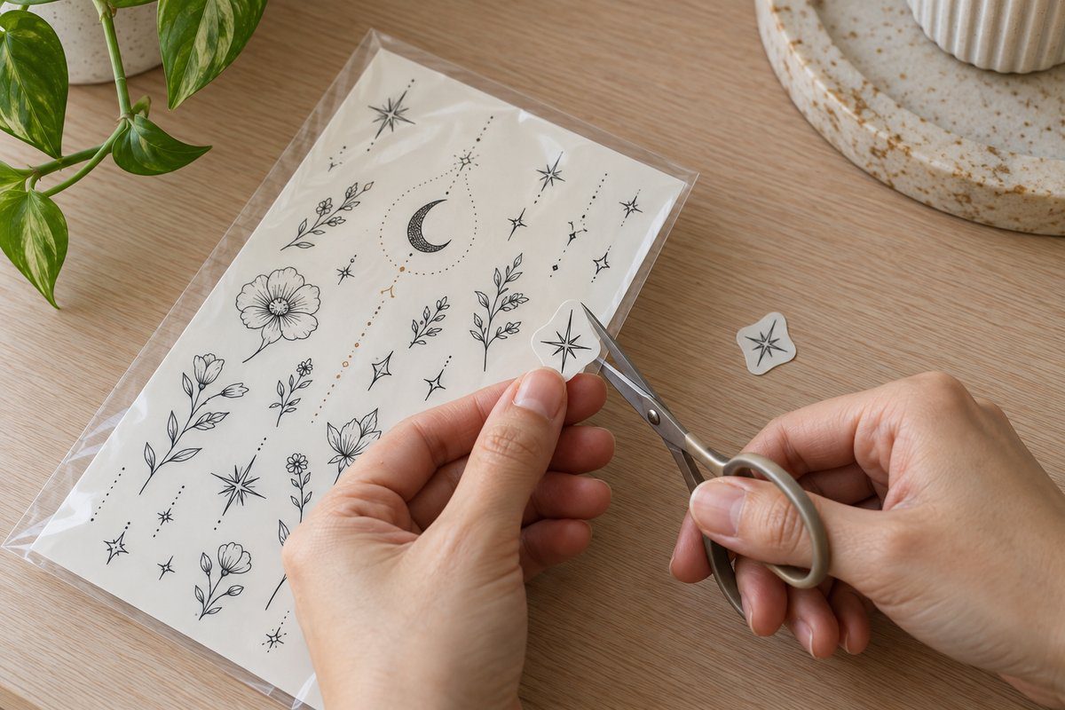 Mains découpant aux ciseaux un petit tatouage éphémère sur une planche entamée