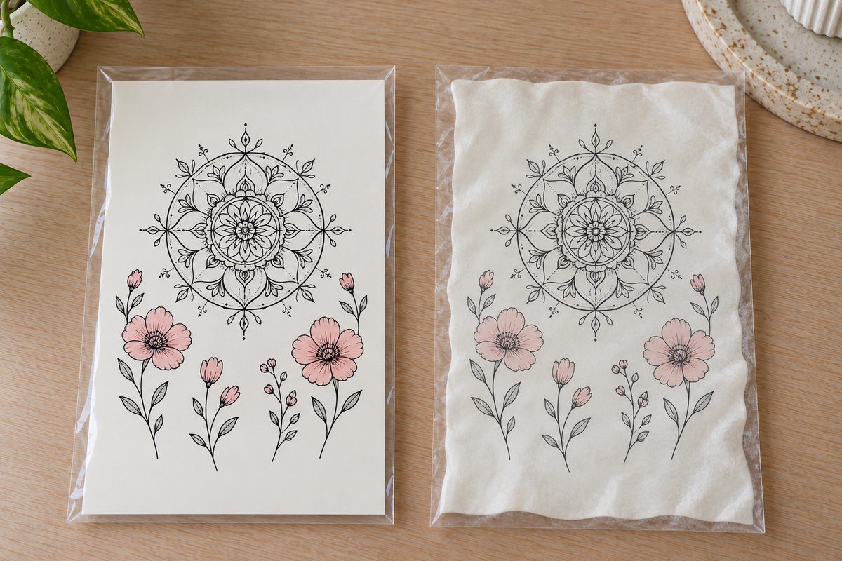 Planche de tatouages éphémères plane à côté d'une planche gondolée et voilée par l'humidité
