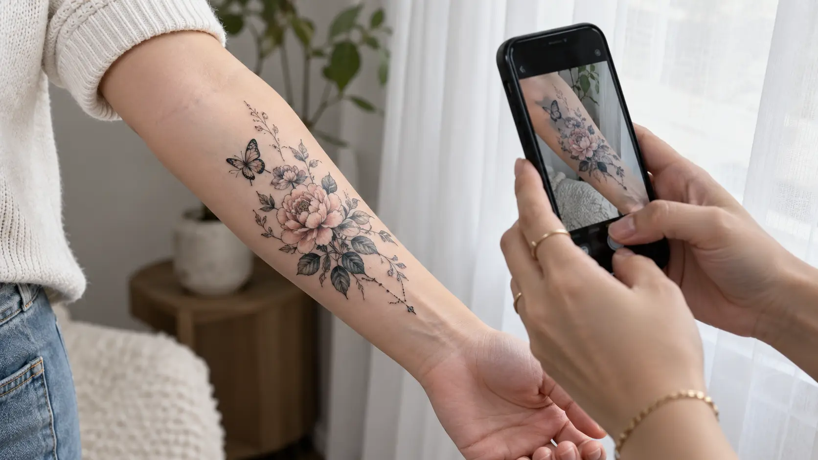 Photographie au smartphone d'un tatouage temporaire détaillé près d'une fenêtre