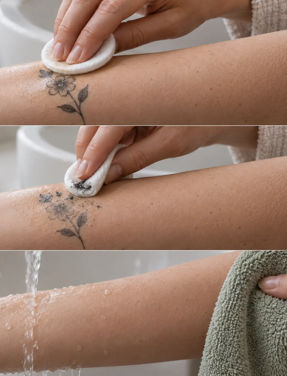 Trois vues montrent un tatouage temporaire imbibé, retiré par petits fragments puis rincé à l'eau tiède.