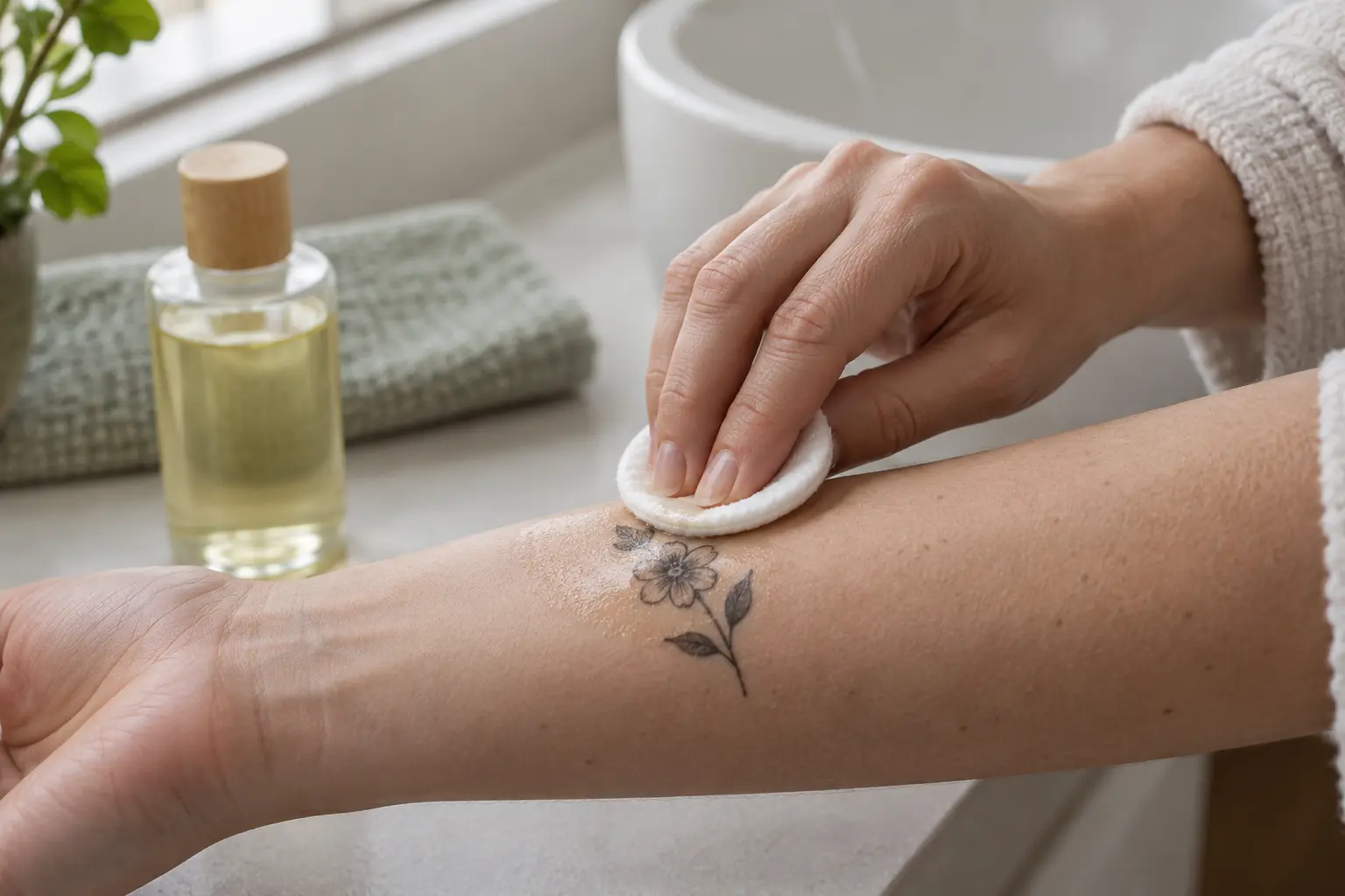 Coton imbibé d'huile posé à plat sur un petit tatouage temporaire floral d'avant-bras.