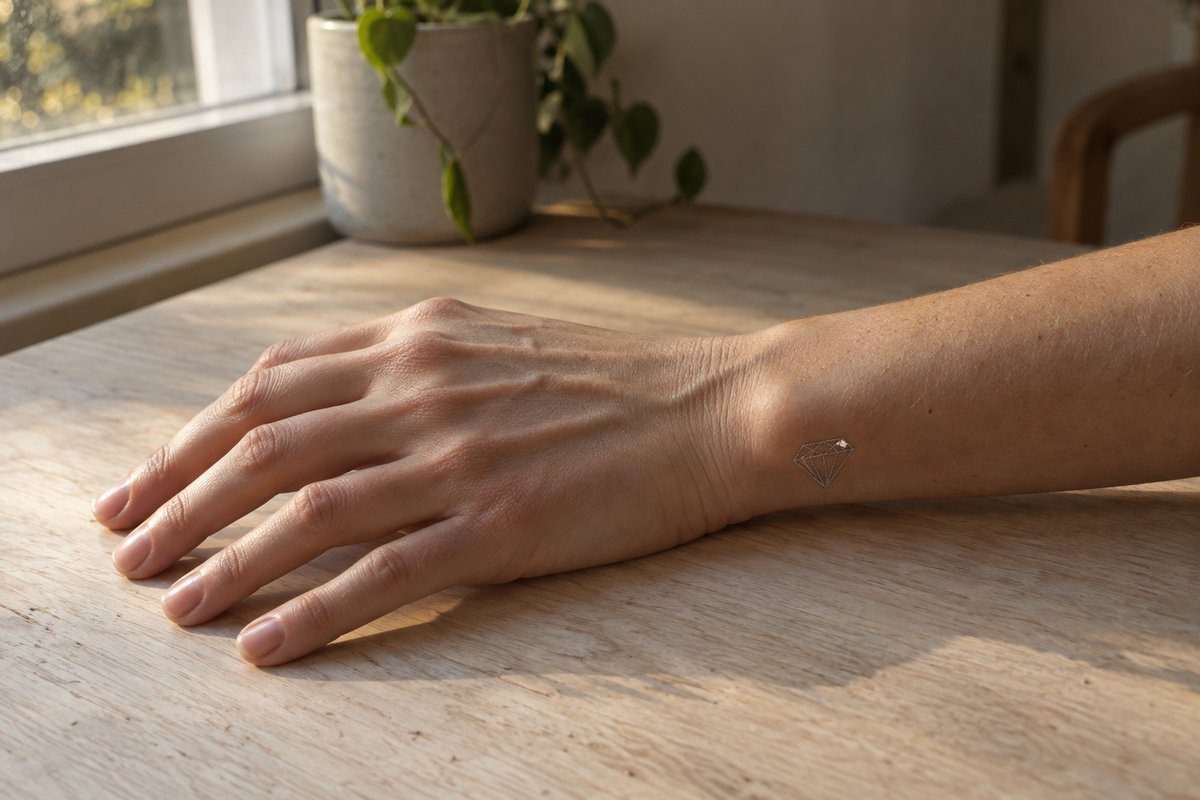 Petit tatouage diamant argenté éphémère sur le dessus du poignet en lumière rasante