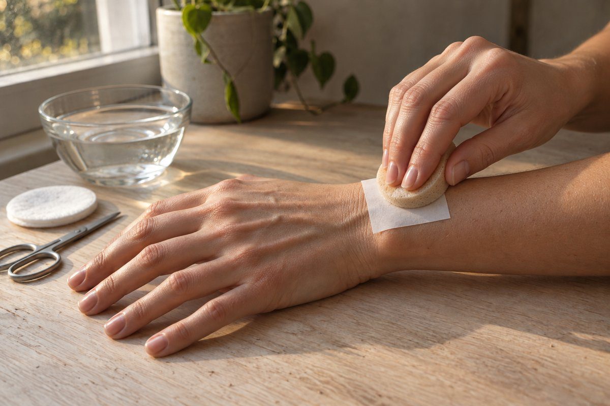 Main pressant une éponge humide sur un décalque de tatouage temporaire au poignet