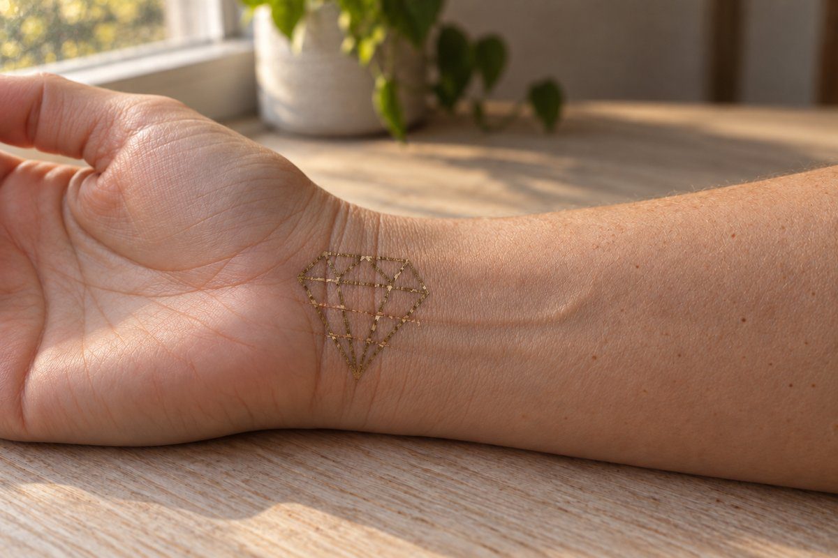 Tatouage diamant doré éphémère craquelé et terni dans le pli du poignet