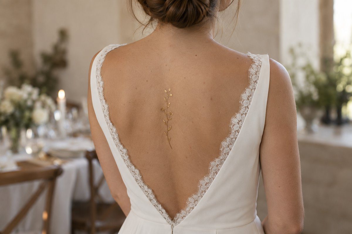 Dos nu de robe de mariée ivoire avec un fin tatouage temporaire doré entre les omoplates