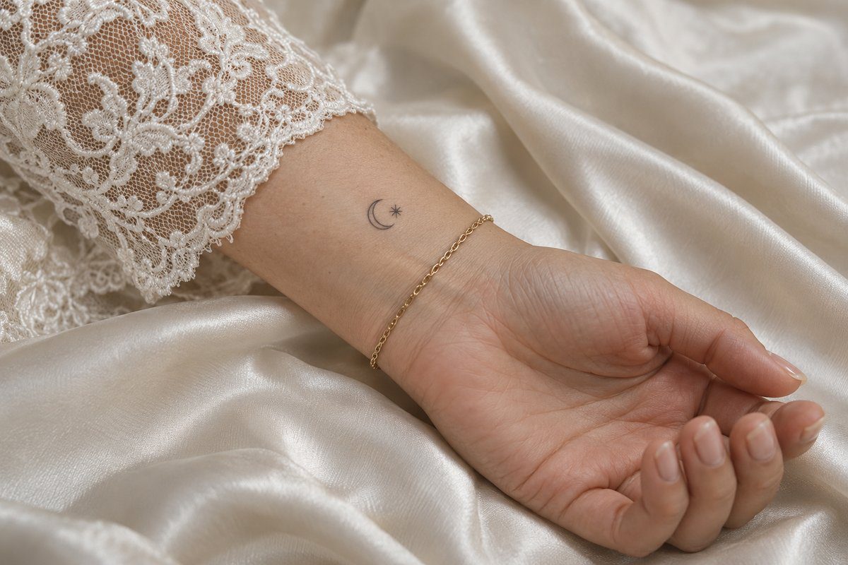 Intérieur de poignet avec petit tatouage éphémère lune entre bracelet doré et manche dentelle