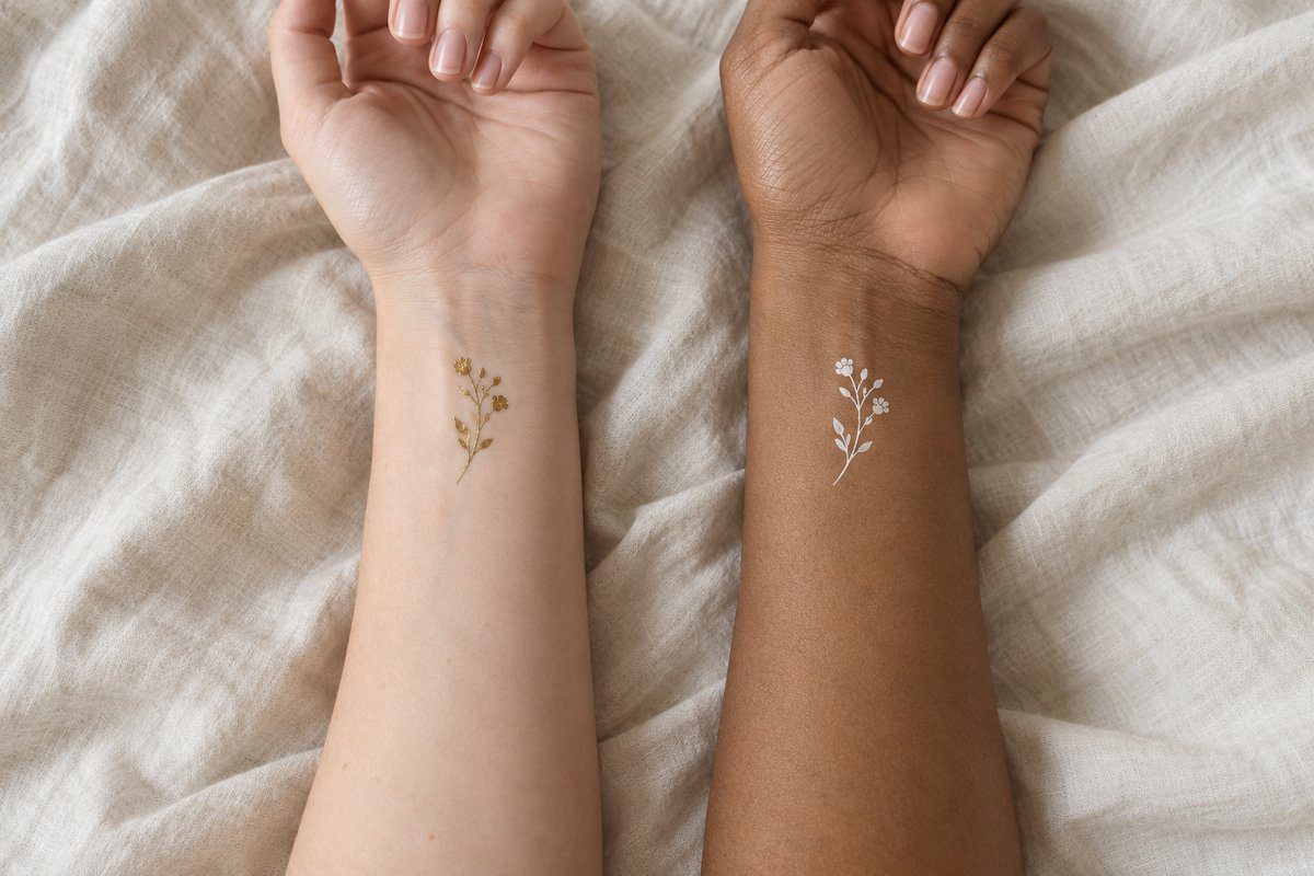Deux poignets comparés, tatouage doré sur peau claire et tatouage blanc sur peau mate