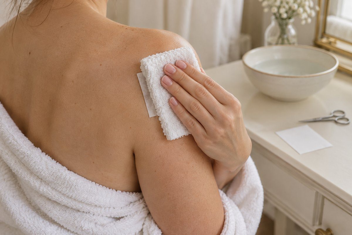 Main pressant une serviette humide sur un feuillet de tatouage temporaire posé sur l'épaule